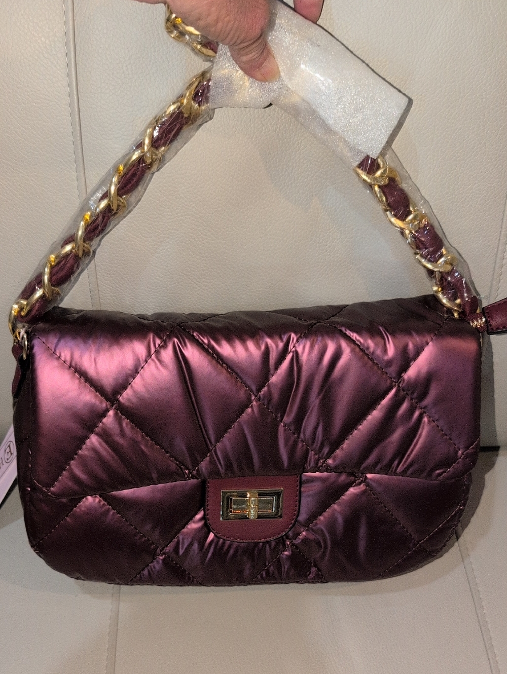 Quilted Satin Shoulder Bag in Deep Iridescent Plum - NWT